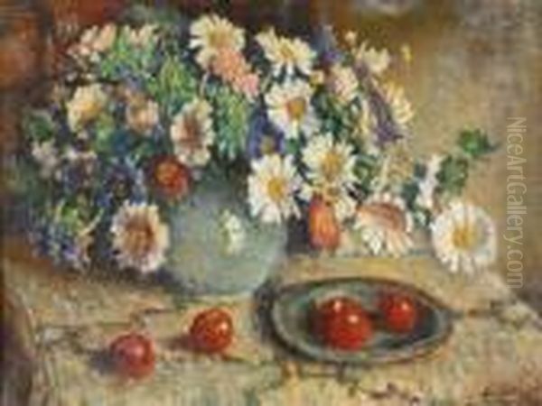 Veelkleurige Margrieten In Een Grijze Vaas Oil Painting by Evert Moll