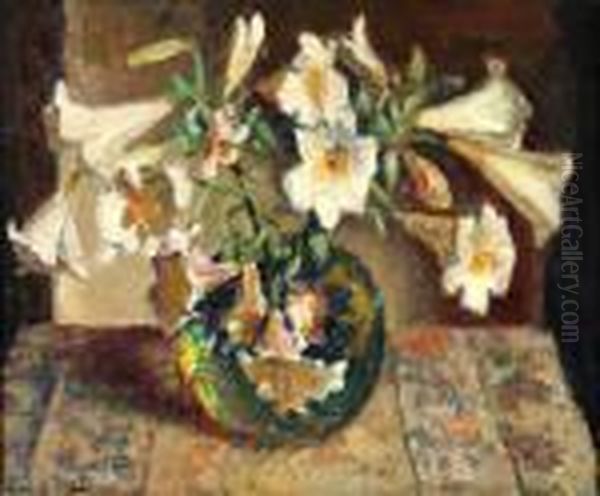 Witte Lelies In Een Glazen Vaas Oil Painting by Evert Moll
