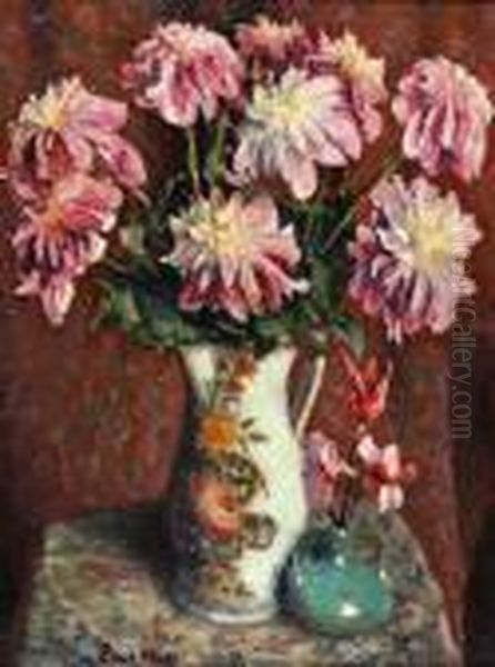 Roze Margrieten In Een Veelkleurige Aardewerk Kan Oil Painting by Evert Moll