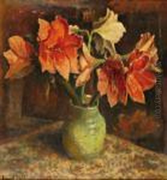 Stilleven Met Gladiolen In Een Groene Vaas Oil Painting by Evert Moll