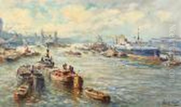Rotterdamse Haven Met Vele Vrachtschepen En Beurtschepen Oil Painting by Evert Moll