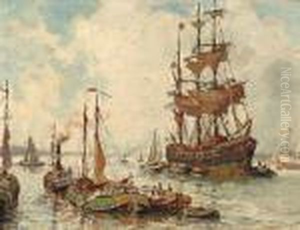 Harbour View With Tall-ship Oil Painting by Evert Moll