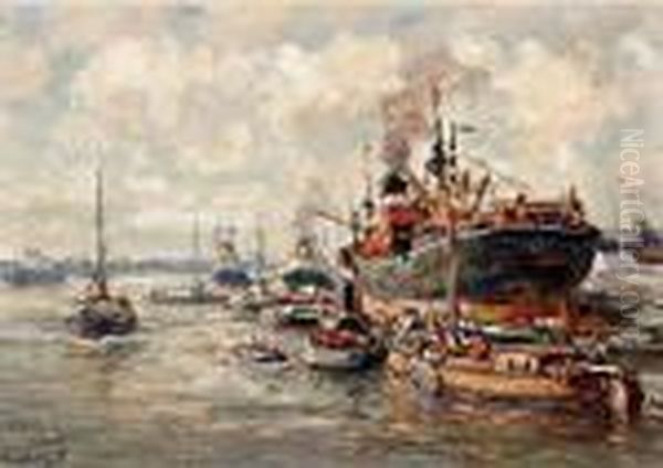 Zeeschip En Sleepboten In De Rotterdamse Haven Oil Painting by Evert Moll