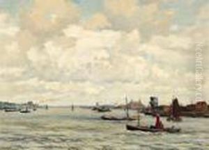 Rivierlandschap Met Vele Boten