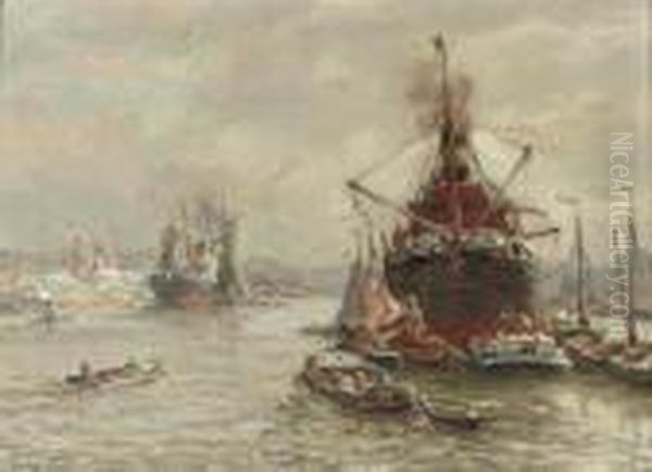 Cargo Ships In Rotterdam Harbour Oil Painting by Evert Moll