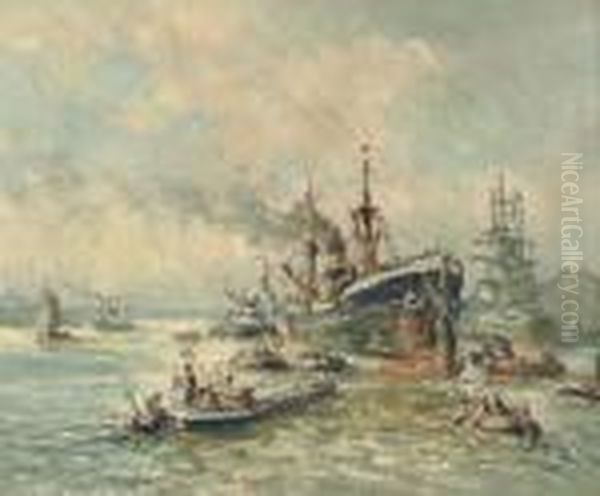 A Busy Harbour Oil Painting by Evert Moll