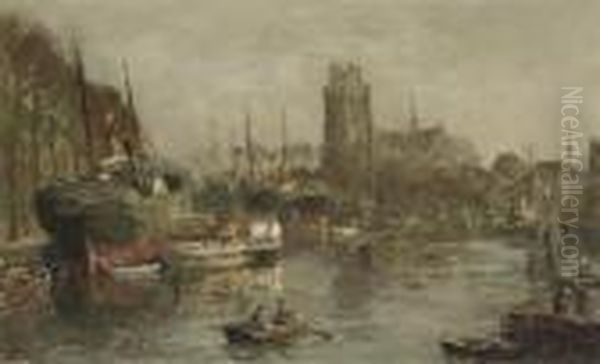A Busy Day In The Harbour, Dordrecht Oil Painting by Evert Moll