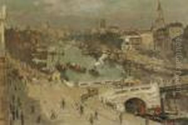 Zonnige Wintermorgen Leuvehaven Rotterdam: A Winter Morning Inrotterdam Harbour Oil Painting by Evert Moll