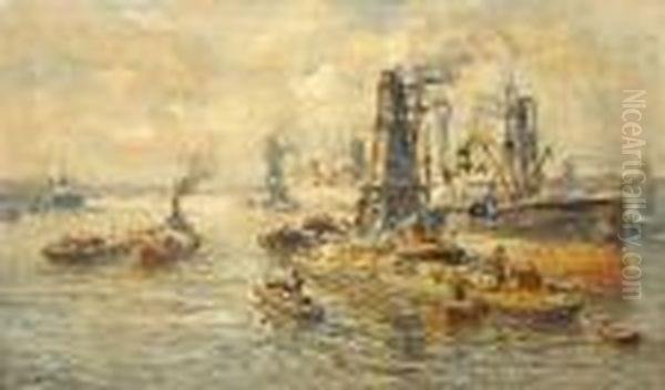 A Busy Harbor Scene Oil Painting by Evert Moll