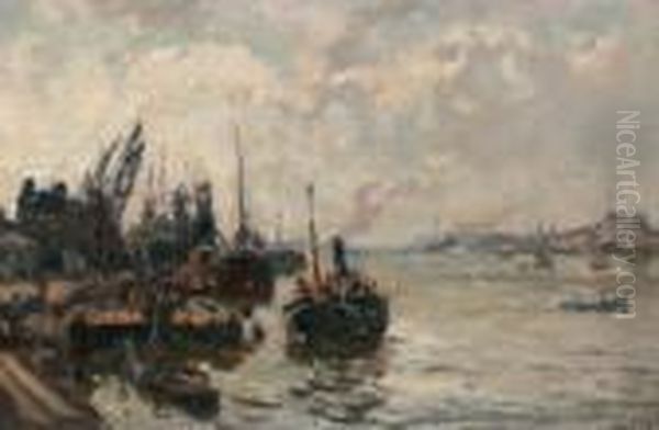 Maashaven In Tegenlicht Oil Painting by Evert Moll