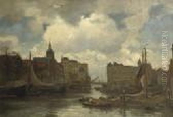 The Harbour Of Dordrecht With The Dome Of The Groothoofdspoort Oil Painting by Evert Moll