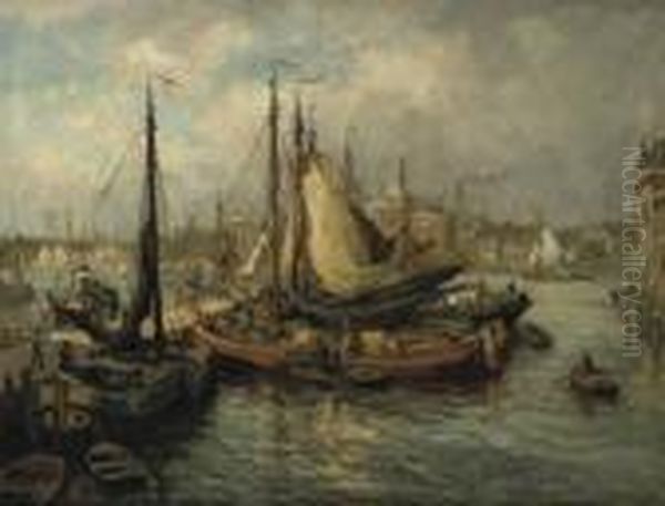 Sailing Vessels Moored In The Harbour Of Dordrecht Oil Painting by Evert Moll