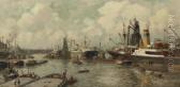 Maashaven Rotterdam: A Busy Day In The Harbour Oil Painting by Evert Moll
