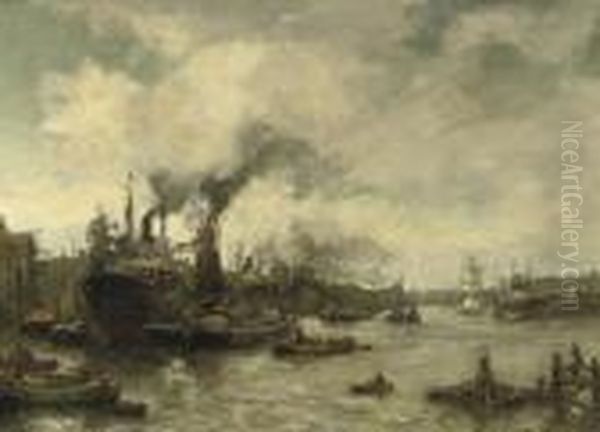 A Busy Day In Rotterdam Harbour Oil Painting by Evert Moll