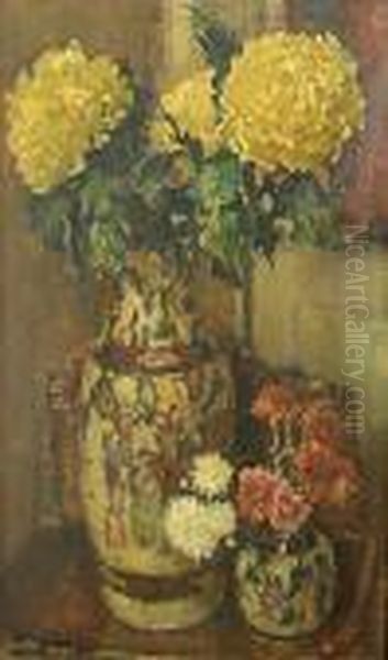 A Still Life With Chrysanthemums In Two Chinese Vases Oil Painting by Evert Moll