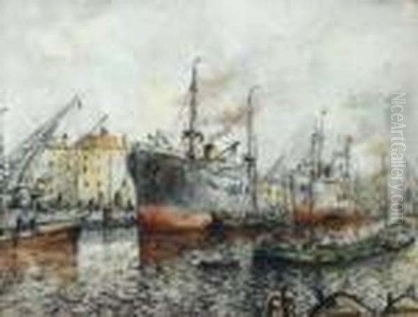 Two Watercolors Of Ships In A Harbour Oil Painting by Evert Moll
