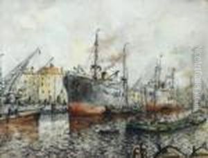 Two Watercolors Of Ships In A Harbour