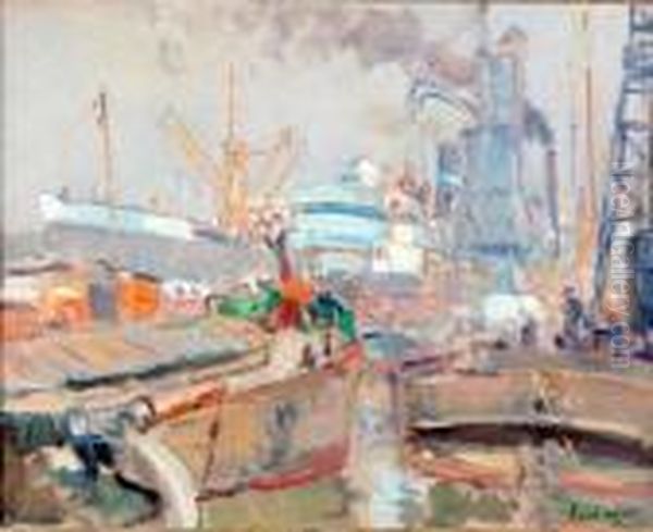 Rotterdam Harbour With Many Boats And Tugs Oil Painting by Evert Moll