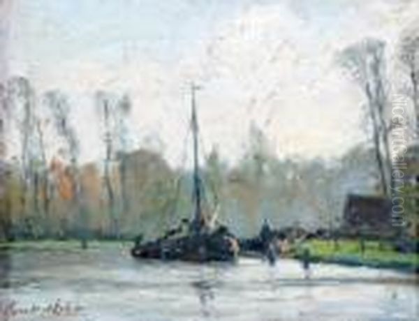 River Landscape With Moored Fishing Boat Oil Painting by Evert Moll