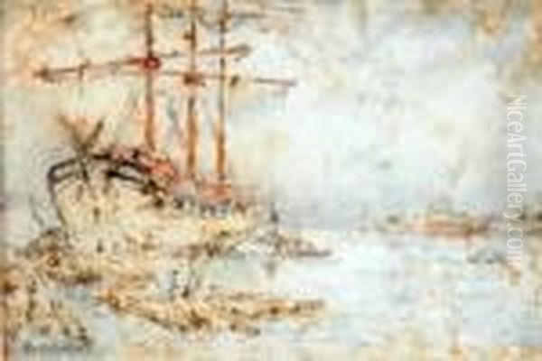 Harbour Scene With Sailing Boat And Laggers Oil Painting by Evert Moll