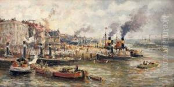 A Busy Day In The Harbour, Rotterdam Oil Painting by Evert Moll