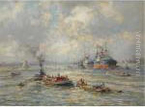 A Cargoship In The Rotterdam Harbour Oil Painting by Evert Moll