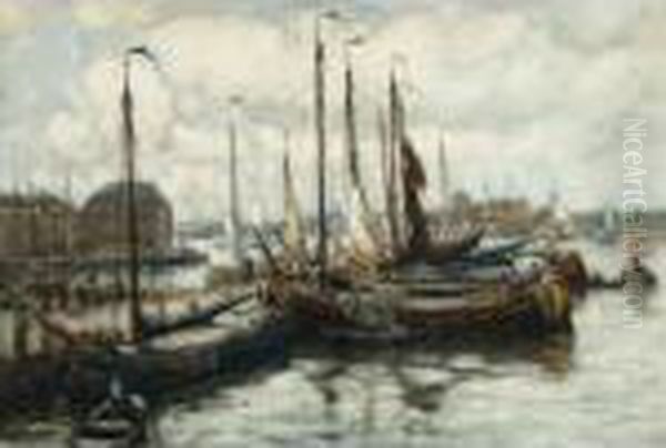 Moored Boats In A Dutch Harbour Oil Painting by Evert Moll