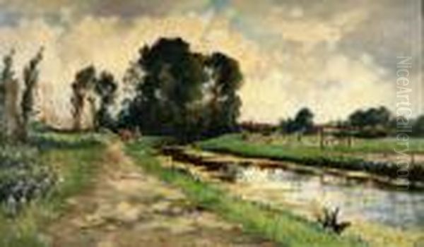 Landschap Met Sloot En Vee. Gesigneerd Oil Painting by Evert Moll