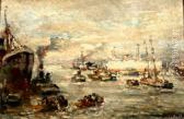 Havengezicht. Gesigneerd Oil Painting by Evert Moll