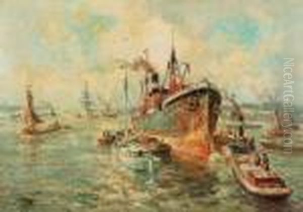 Cargoships In Rotterdam Harbour Oil Painting by Evert Moll