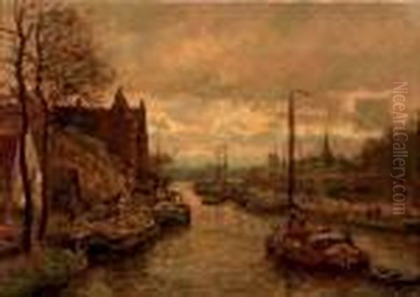 Shipping On A Canal At Sunset Oil Painting by Evert Moll