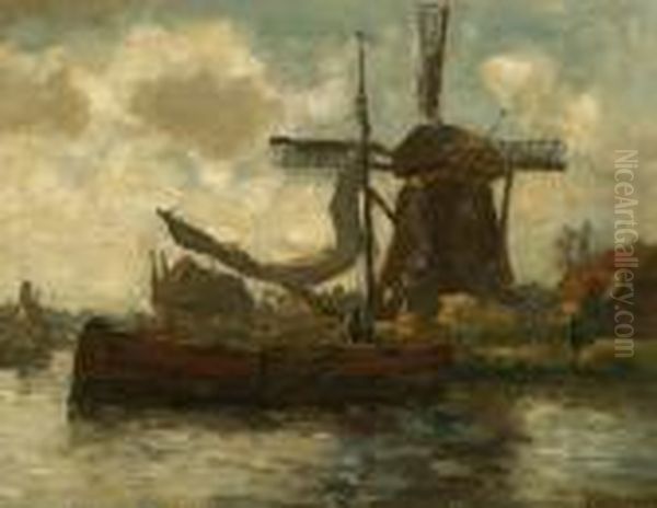 Mill By A Canal With Anchored Boat Oil Painting by Evert Moll