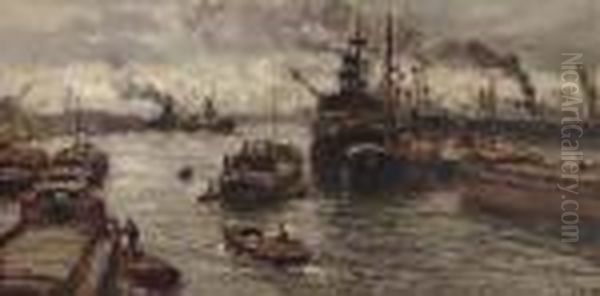 A Busy Harbour, Rotterdam Oil Painting by Evert Moll