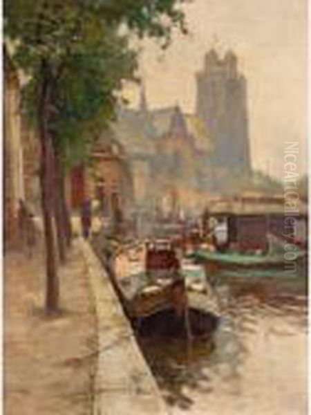 A View Of Dordrecht With Moored Boats In The Foreground Oil Painting by Evert Moll