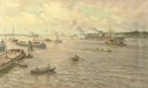 A Busy Day In Rotterdam Harbour Oil Painting by Evert Moll