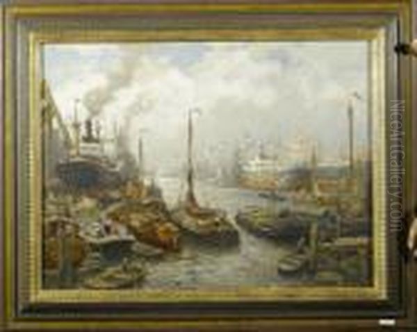 Betriebsame Hafenszene. Oil Painting by Evert Moll