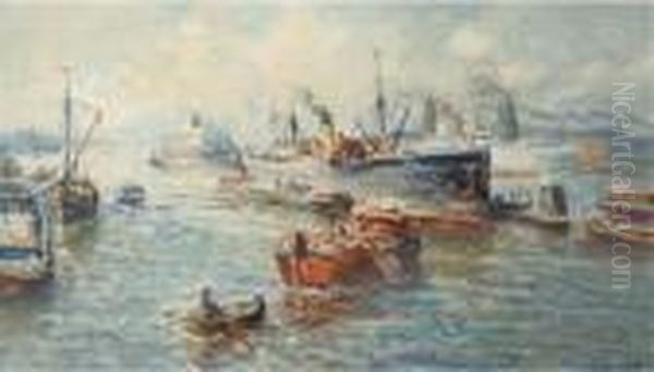 A Busy Day At Rotterdam Harbour Oil Painting by Evert Moll