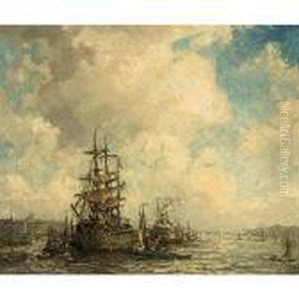 A Three-master In The Rotterdam Harbour Oil Painting by Evert Moll