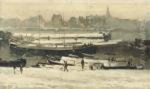 Winter: Moored Shipping Along A Quay In Rotterdam Oil Painting by Evert Moll