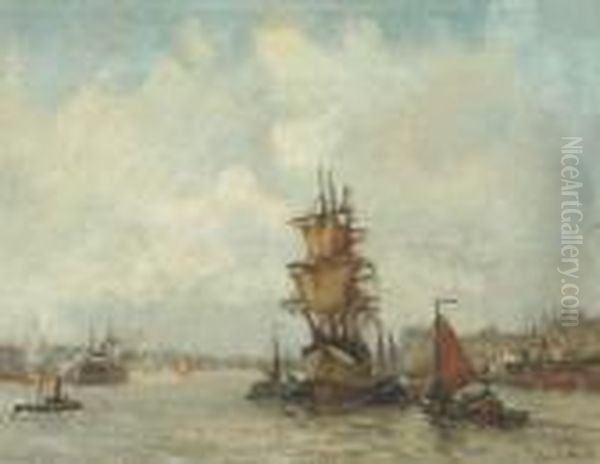 A Busy Harbour, Rotterdam Oil Painting by Evert Moll