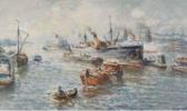 A Busy Harbour, Rotterdam Oil Painting by Evert Moll