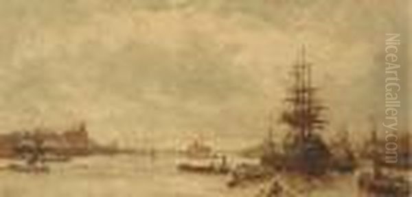 A Three-master In Rotterdam Harbour Oil Painting by Evert Moll