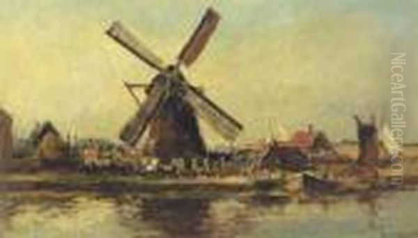A Windmill By A River Oil Painting by Evert Moll
