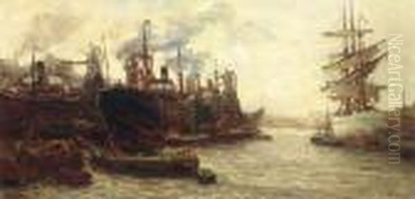 Cargoships In Rotterdam Harbour Oil Painting by Evert Moll