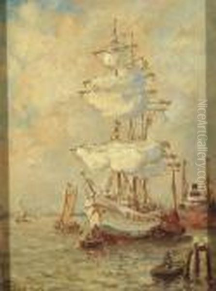 A Three-master At Anchor, Rotterdam Oil Painting by Evert Moll