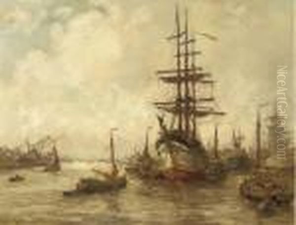 A Threemaster In A Busy Harbour Oil Painting by Evert Moll