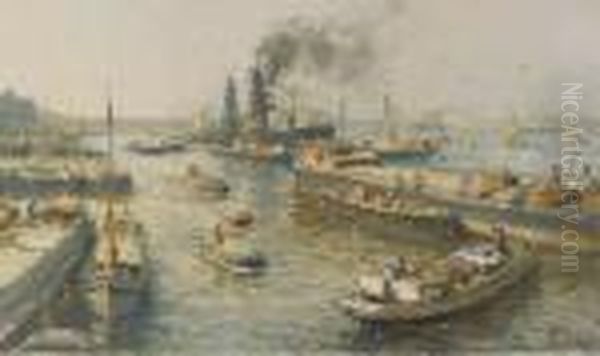 Activities In Rotterdam Harbour Oil Painting by Evert Moll