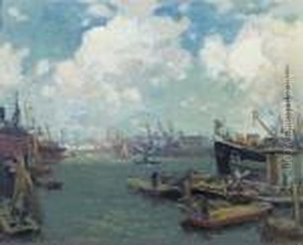 A Busy Harbour Scene, Rotterdam Oil Painting by Evert Moll