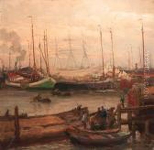 A View Of The Scheveningen Harbour With A Clipper In Thebackground Oil Painting by Evert Moll