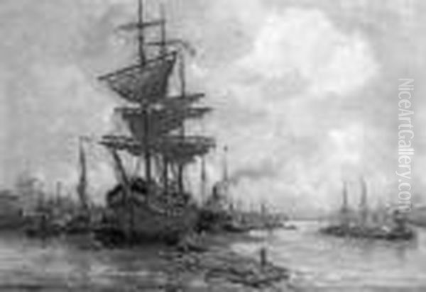 A Threemaster In Rotterdam Harbour Oil Painting by Evert Moll